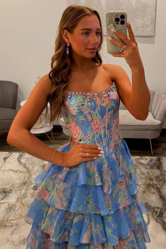 Floral Print A-Line Strapless Tiered Prom Dress With Fitted Corset And Slit AD373