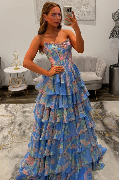 Floral Print A-Line Strapless Tiered Prom Dress With Fitted Corset And Slit AD373