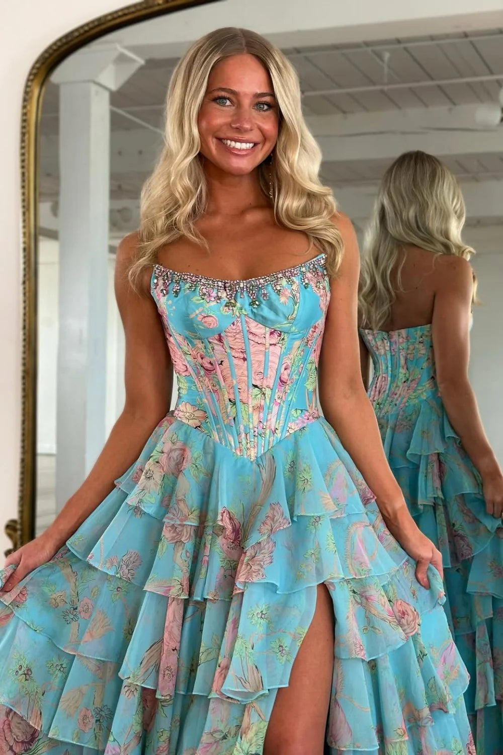 Floral Print A-Line Strapless Tiered Prom Dress With Fitted Corset And Slit AD373
