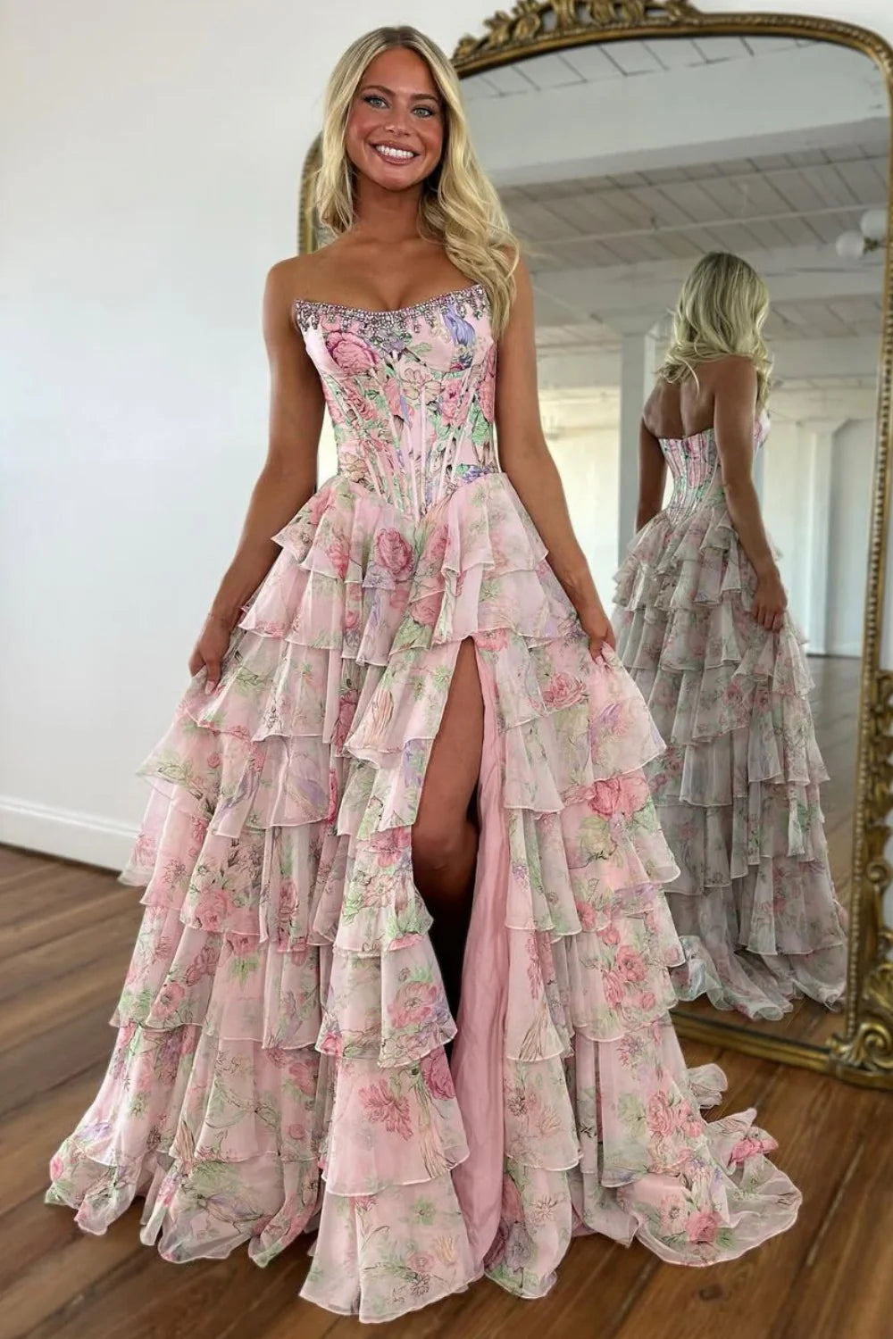 Floral Print A-Line Strapless Tiered Prom Dress With Fitted Corset And Slit AD373
