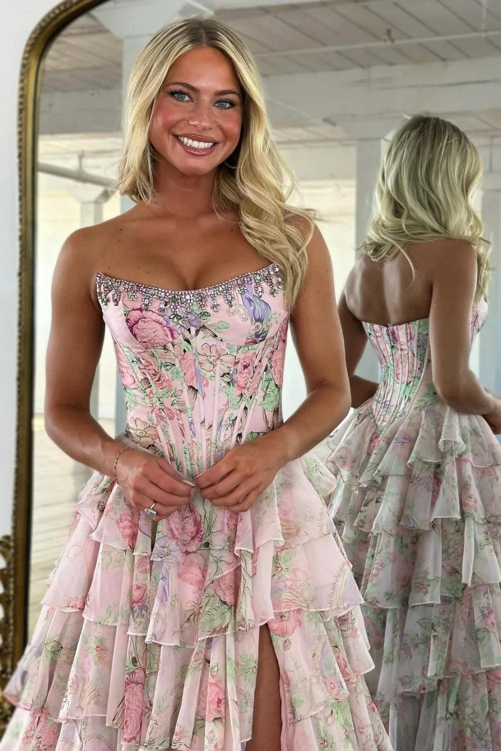 Floral Print A-Line Strapless Tiered Prom Dress With Fitted Corset And Slit AD373