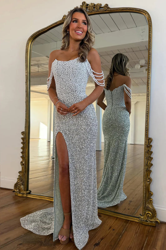 Luxury Silver Pearl Embellished Off Shoulder Mermaid Prom Gown With Train AD374