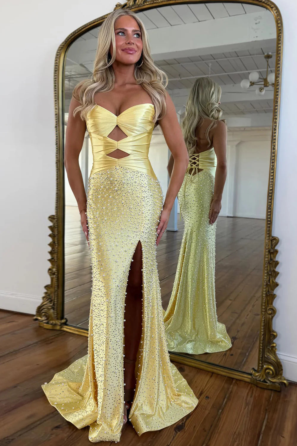 Pearl-Embellished Mermaid Prom Dress With Cutout Bodice & Lace-Up Back AD375