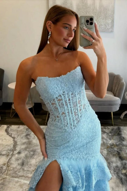 Trendy Light Blue Strapless Lace Corset Mermaid Prom Dress With Slit AD377