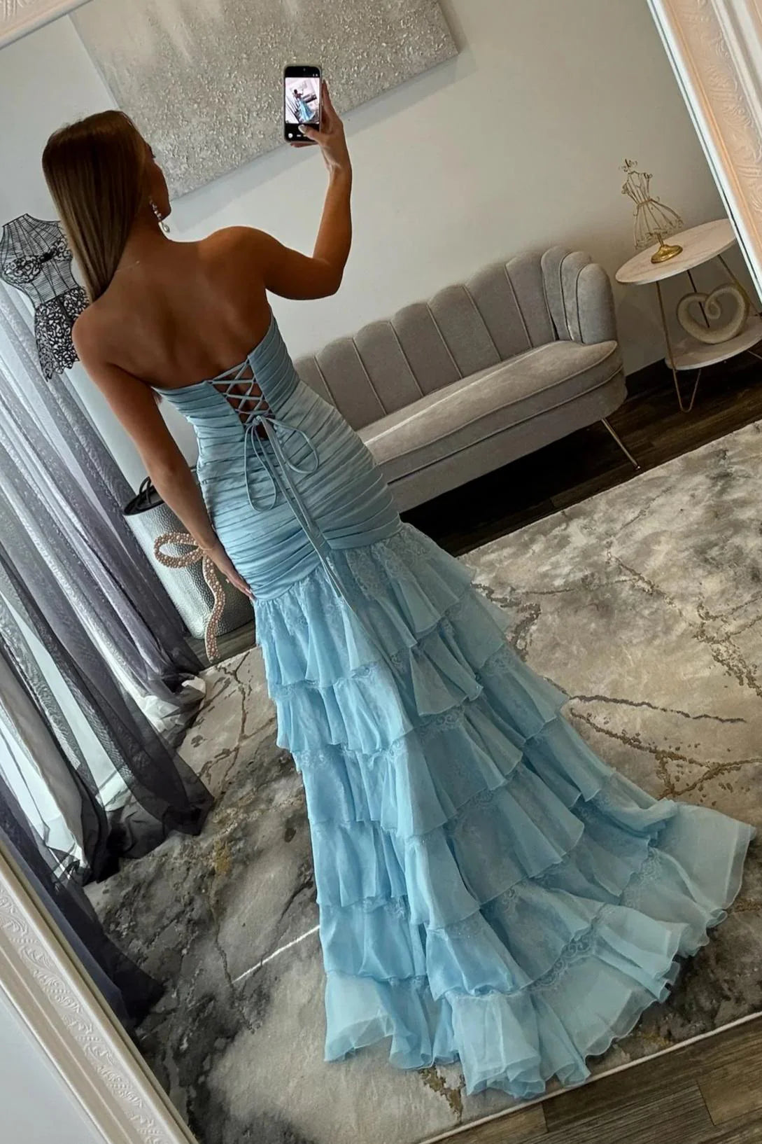 Elegant Light Blue Sweetheart Lace Up Mermaid Prom Gown With Ruffle Hem AD378