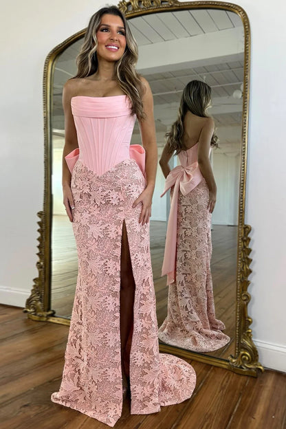 Light Blue Strapless Corset Lace Mermaid Prom Dress With Slit And Bow Back AD381