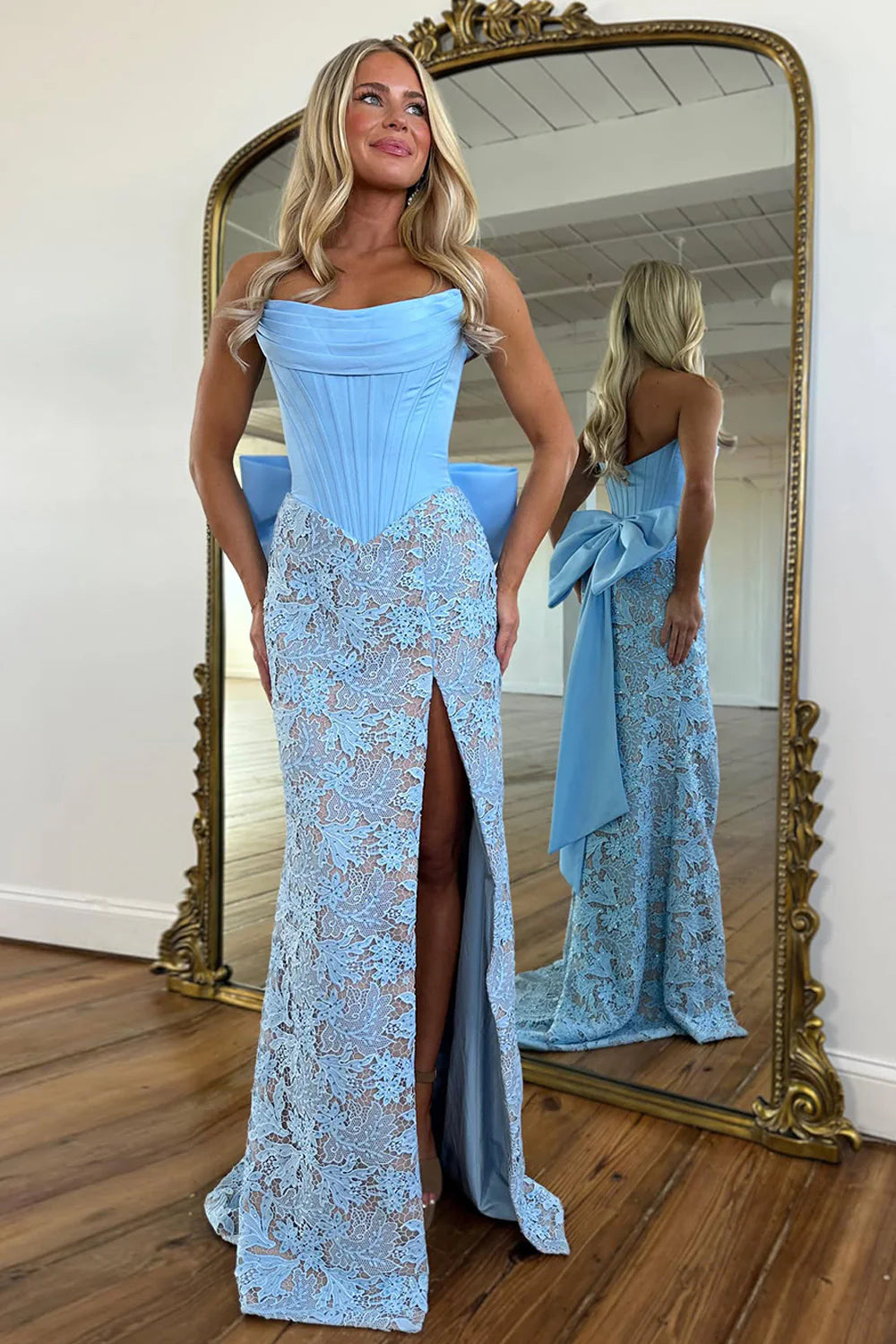 Light Blue Strapless Corset Lace Mermaid Prom Dress With Slit And Bow Back AD381