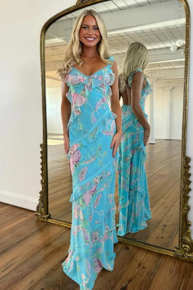Trendy Floral Print Yellow Spaghetti Strap Long Prom Dress With Ruffles AD382