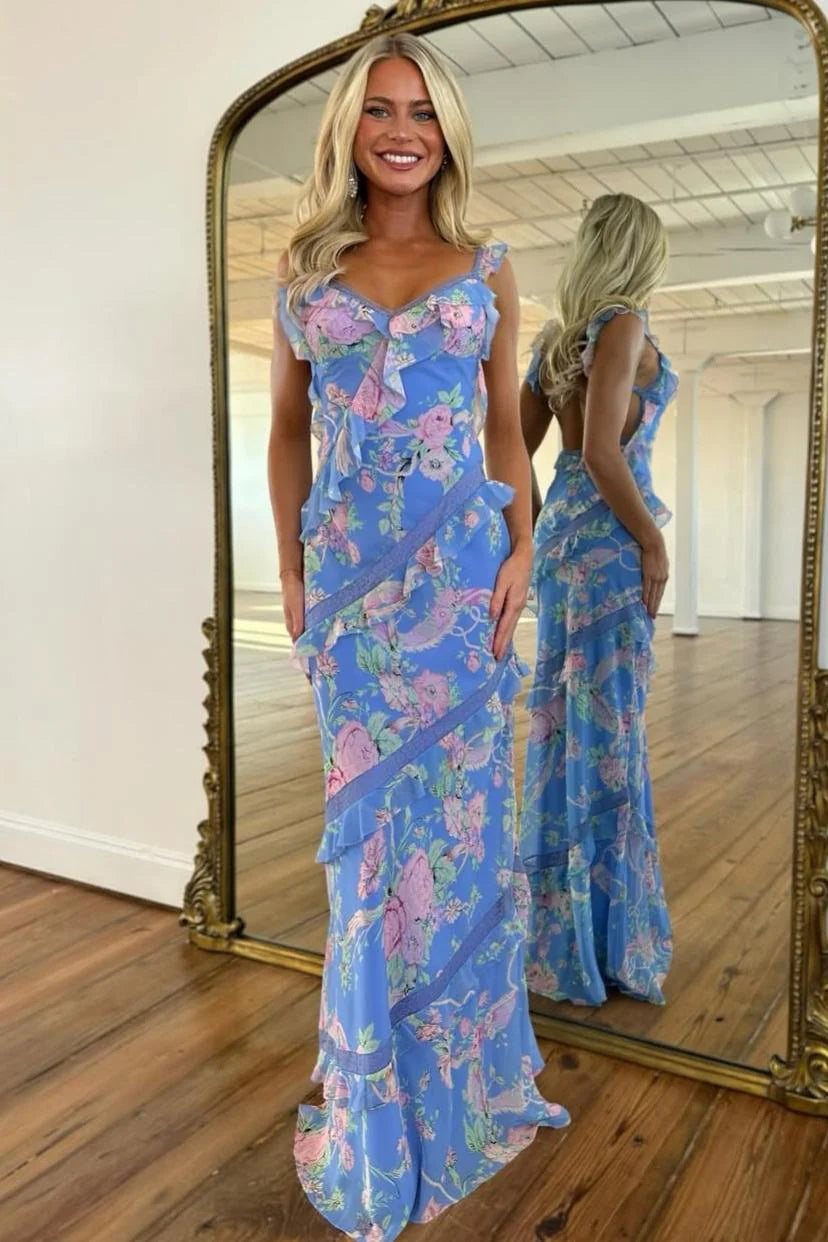 Trendy Floral Print Yellow Spaghetti Strap Long Prom Dress With Ruffles AD382
