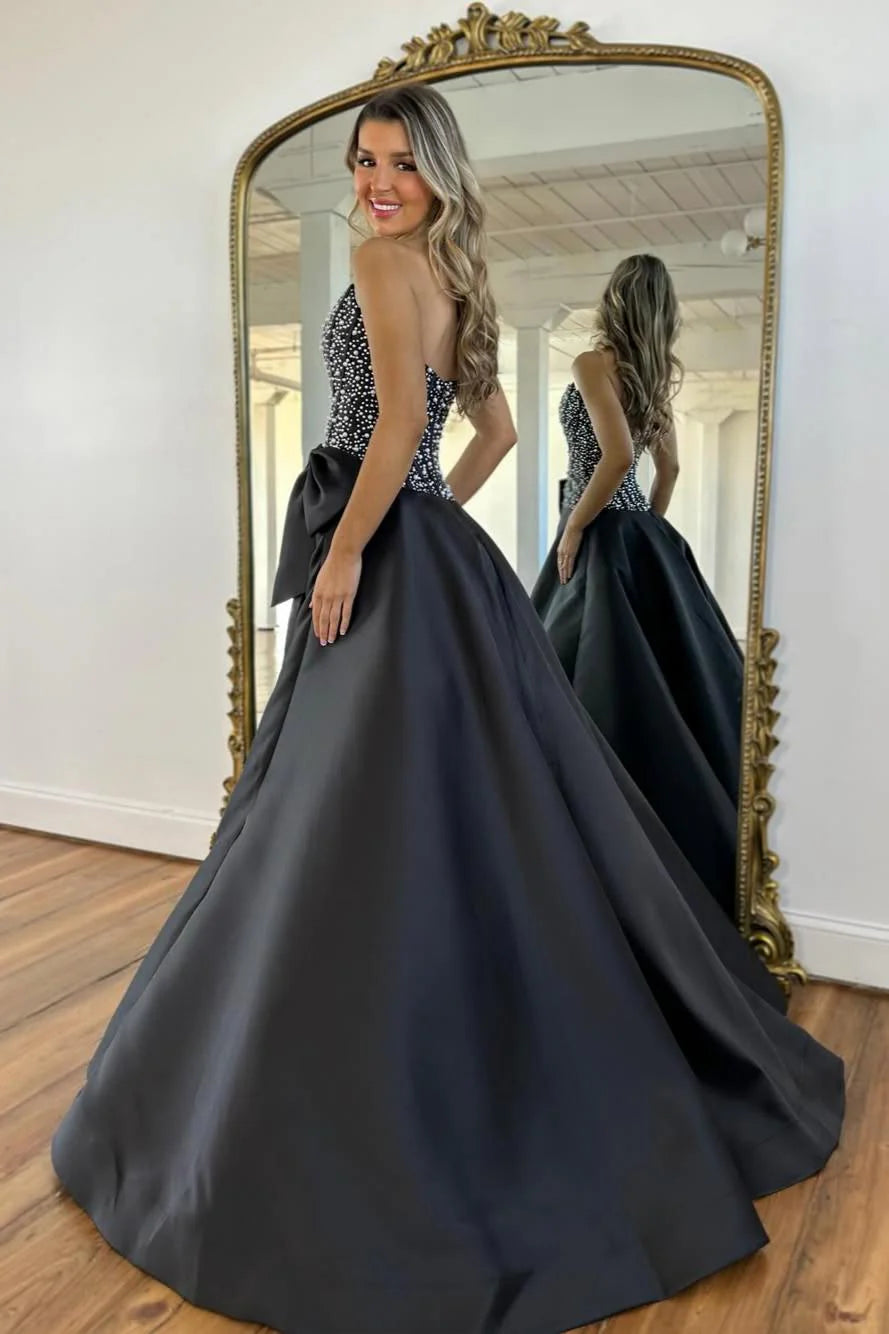 Elegant Black Satin Strapless Beaded Corset A-Line Prom Dress With Bow AD383