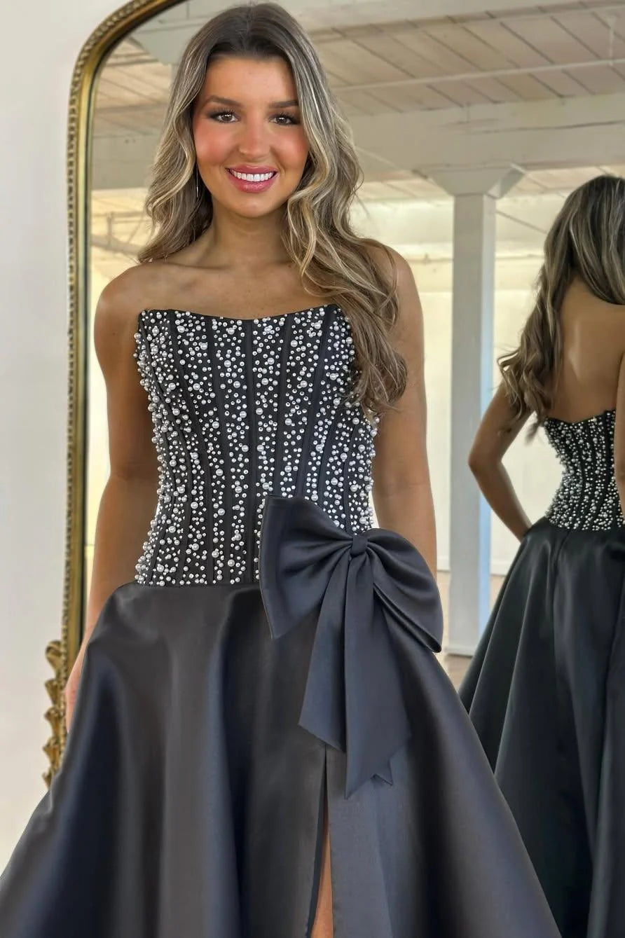 Elegant Black Satin Strapless Beaded Corset A-Line Prom Dress With Bow AD383