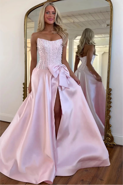 Elegant Black Satin Strapless Beaded Corset A-Line Prom Dress With Bow AD383