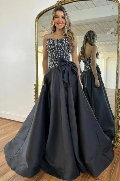 Elegant Black Satin Strapless Beaded Corset A-Line Prom Dress With Bow AD383