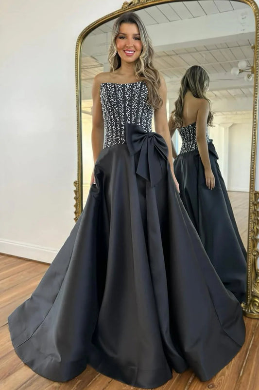 Elegant Black Satin Strapless Beaded Corset A-Line Prom Dress With Bow AD383