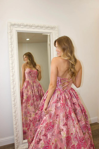 Luxury Pink Floral Jacquard Strapless Corset A-Line Prom Ball Gown AD384