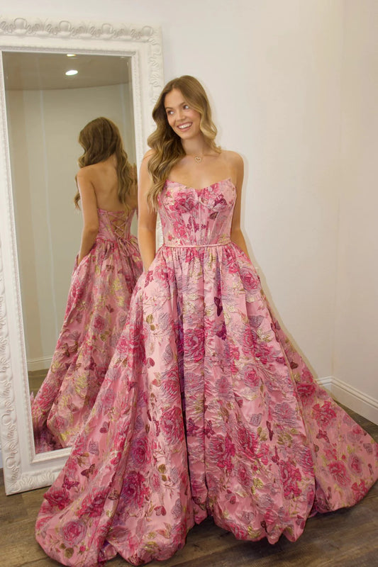 Luxury Pink Floral Jacquard Strapless Corset A-Line Prom Ball Gown AD384