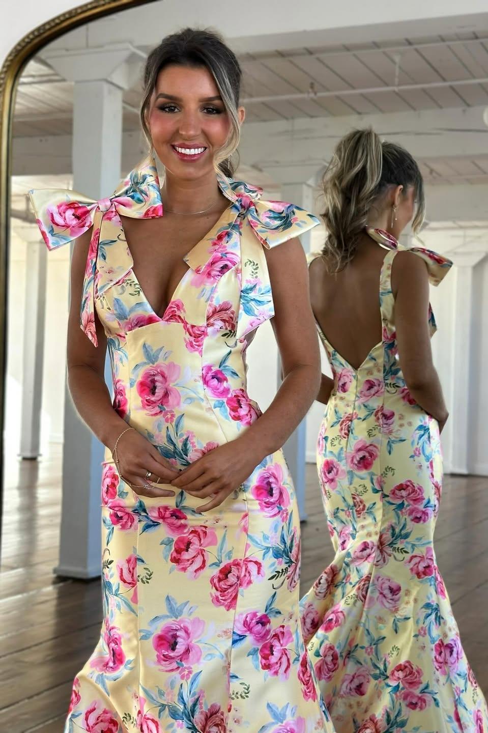 Romantic Bloom Mermaid Prom Dress With Bow Shoulders & Open Back AD385