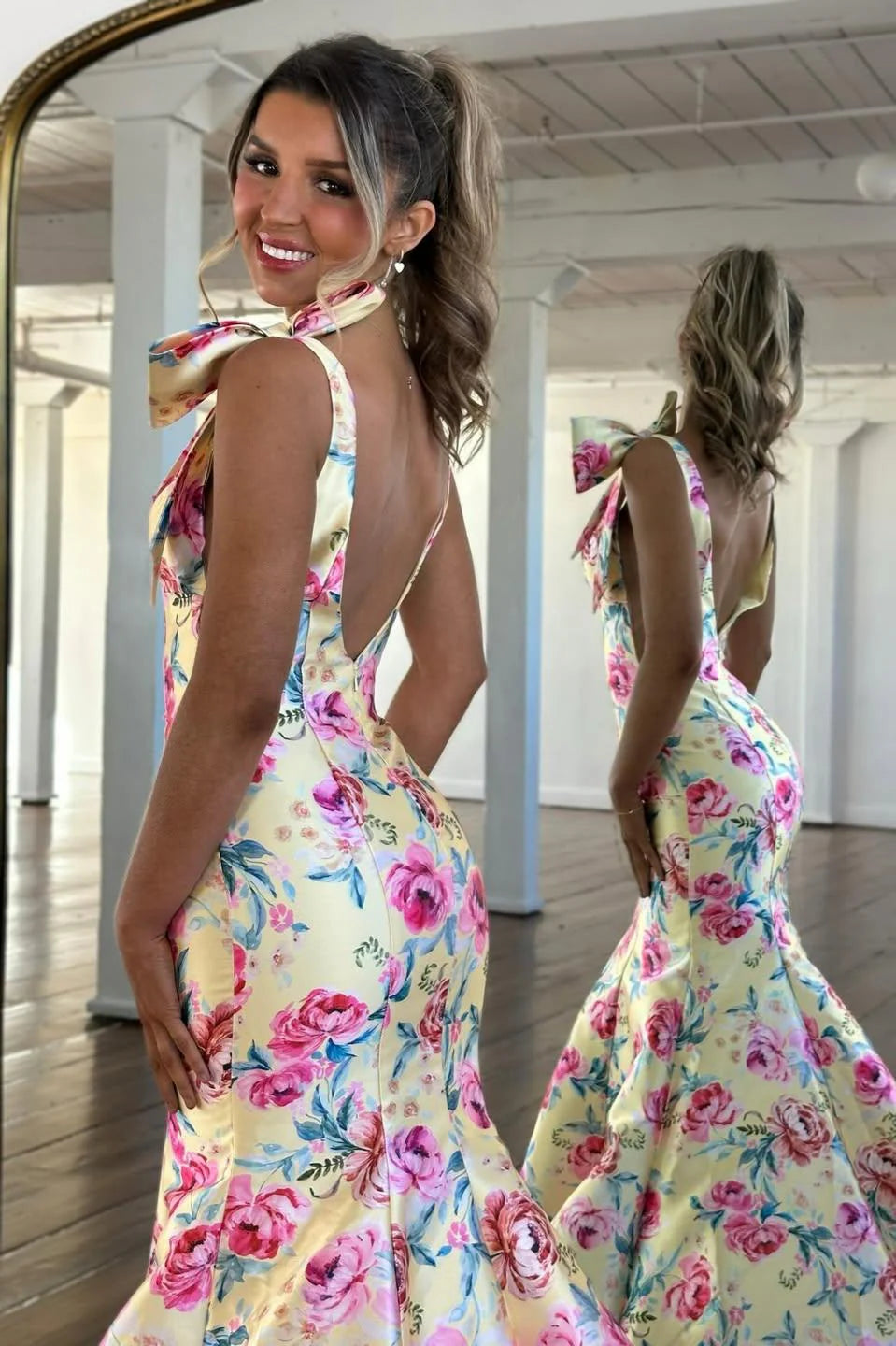Romantic Bloom Mermaid Prom Dress With Bow Shoulders & Open Back AD385