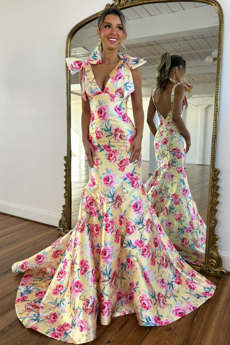 Romantic Bloom Mermaid Prom Dress With Bow Shoulders & Open Back AD385