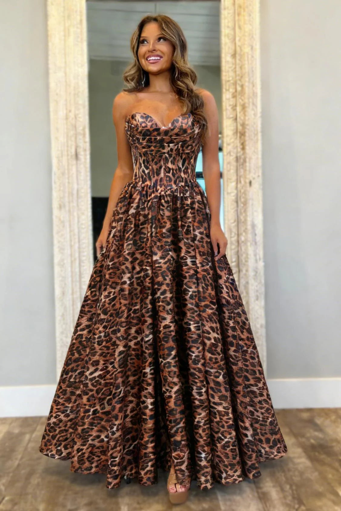 Bold Leopard Print Sweetheart A-Line Prom Dress With Corset Bodice AD387