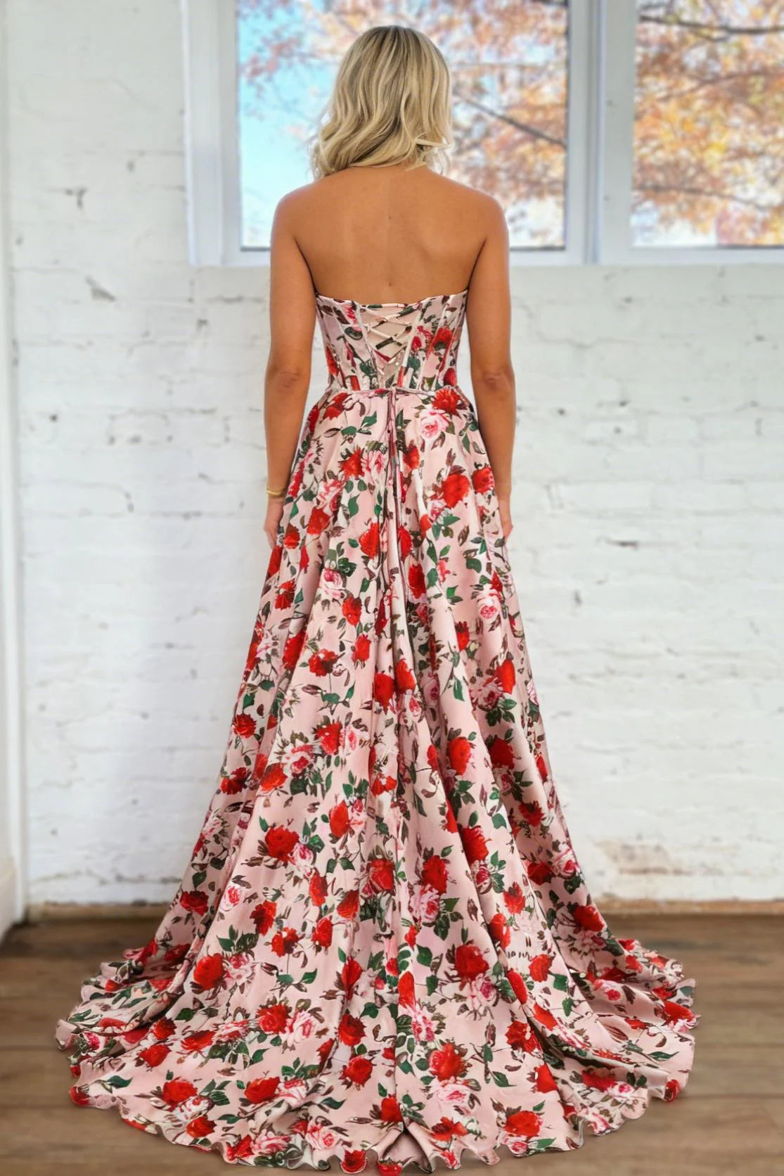 Blush Pink Floral Strapless Corset A-Line Prom Dress With Lace Up Back AD388