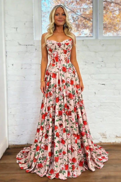 Blush Pink Floral Strapless Corset A-Line Prom Dress With Lace Up Back AD388