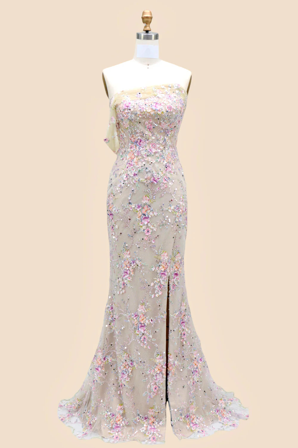 Blossom Shimmer One Shoulder Sequin Prom Dress With Floral Embellishments AD389