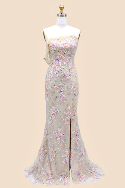 Blossom Shimmer One Shoulder Sequin Prom Dress With Floral Embellishments AD389