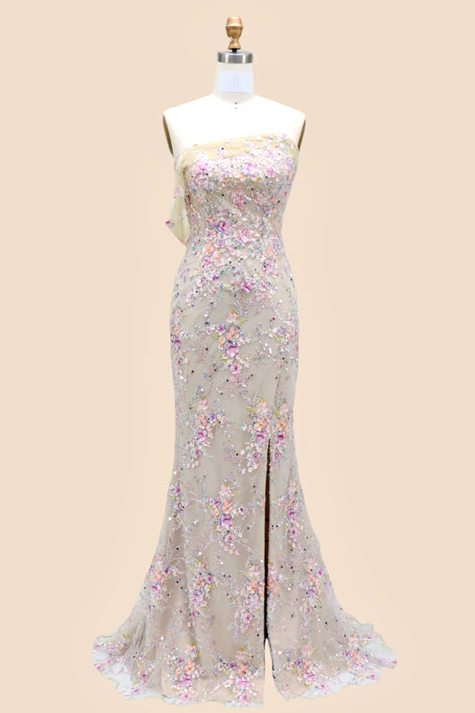 Blossom Shimmer One Shoulder Sequin Prom Dress With Floral Embellishments AD389