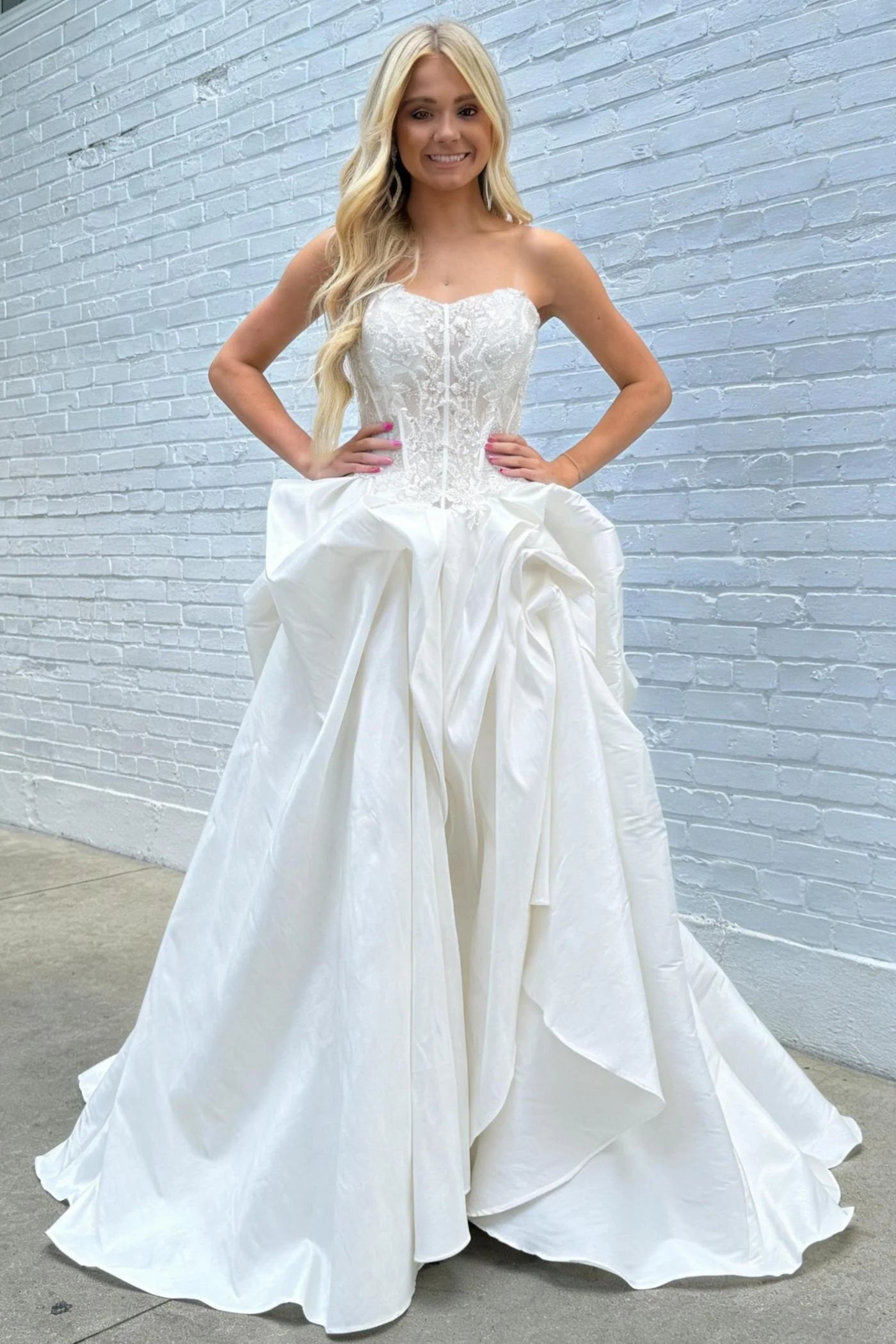 Ivory Elegance Strapless Ball Gown Prom Dress With Lace Corset Bodice AD390