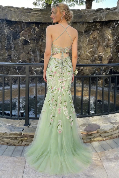 Floral Embroidered Sheath Prom Dress With Spaghetti Straps And High Slit AD391