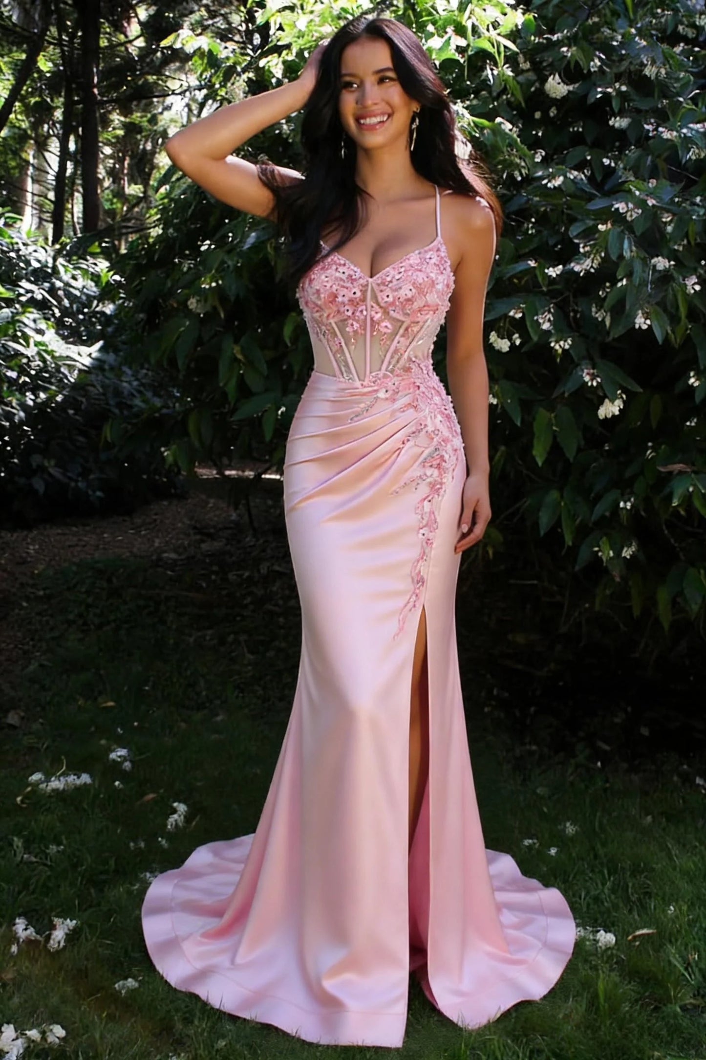 Elegant Pink Satin Prom Dress With Floral Embellishments and Side Slit AD392