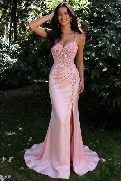 Elegant Pink Satin Prom Dress With Floral Embellishments and Side Slit AD392
