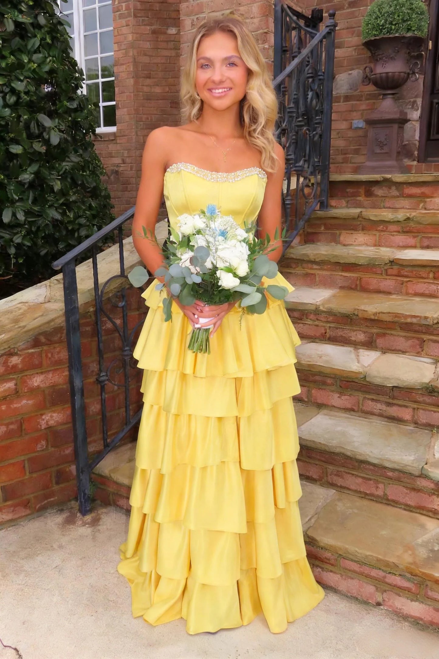 Elegant Yellow Strapless Tiered Ruffle Satin Prom Ball Gown With Beaded Neckline AD393