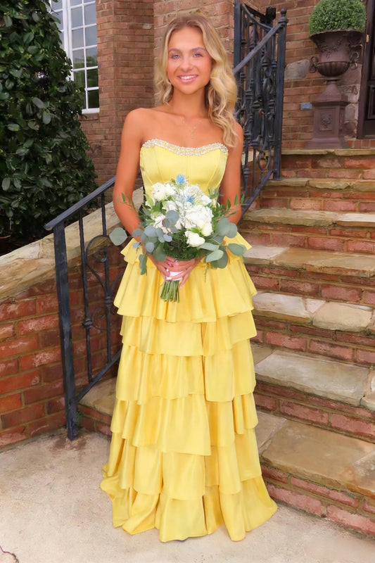 Elegant Yellow Strapless Tiered Ruffle Satin Prom Ball Gown With Beaded Neckline AD393