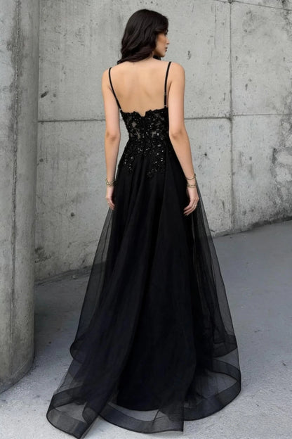 Black Beaded Spaghetti Straps A-Line Prom Dress With Sheer Bodice AD394