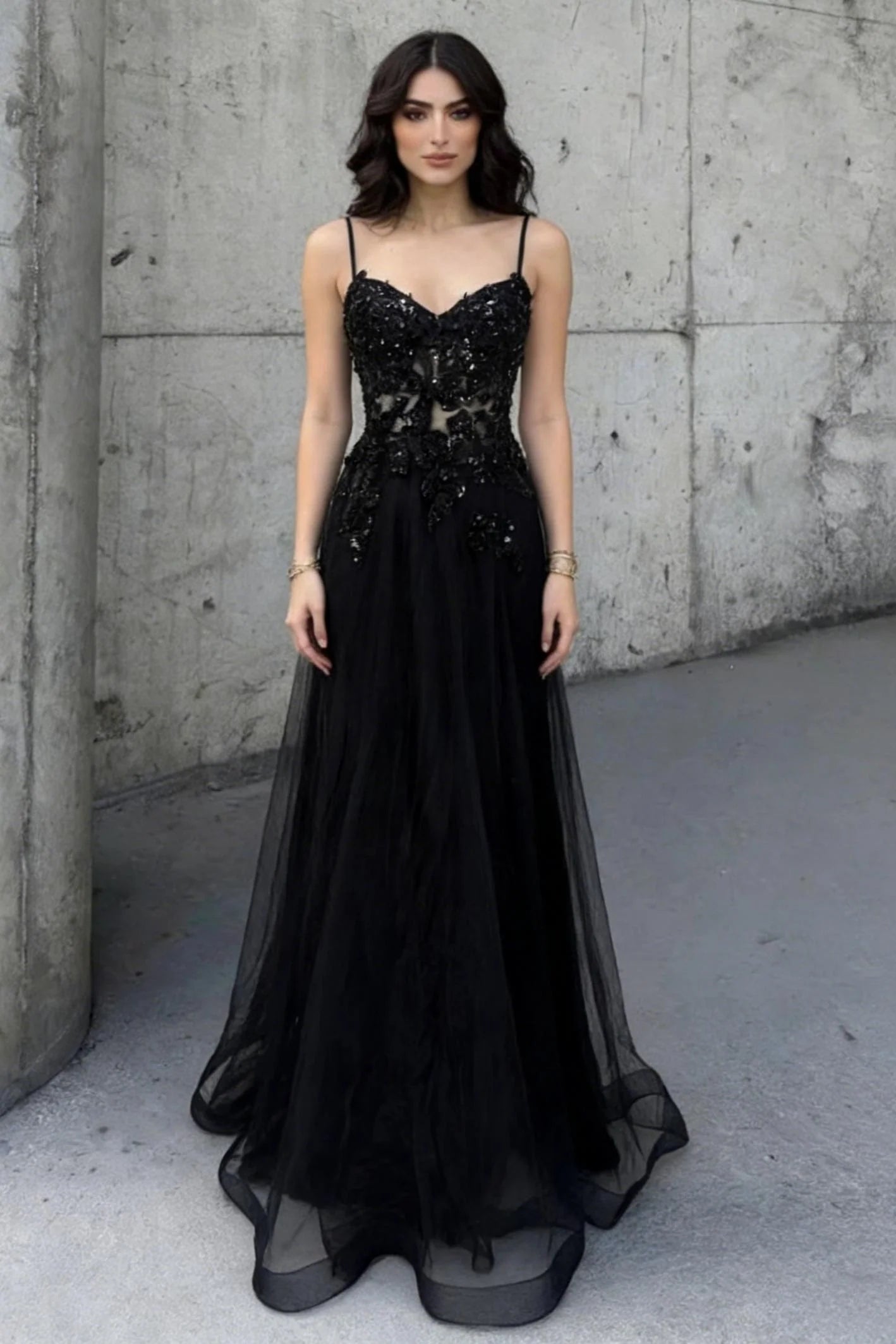 Black Beaded Spaghetti Straps A-Line Prom Dress With Sheer Bodice AD394