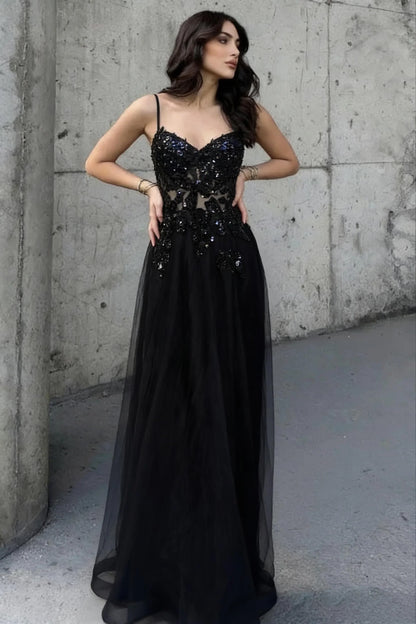 Black Beaded Spaghetti Straps A-Line Prom Dress With Sheer Bodice AD394