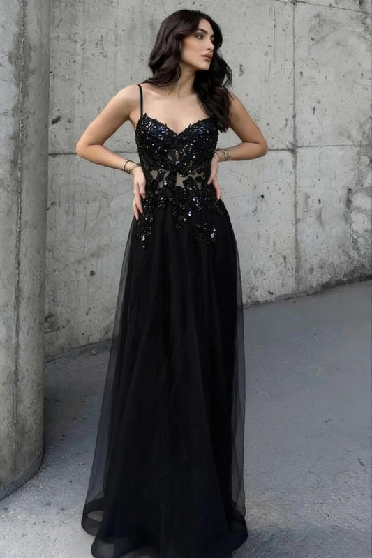 Black Beaded Spaghetti Straps A-Line Prom Dress With Sheer Bodice AD394