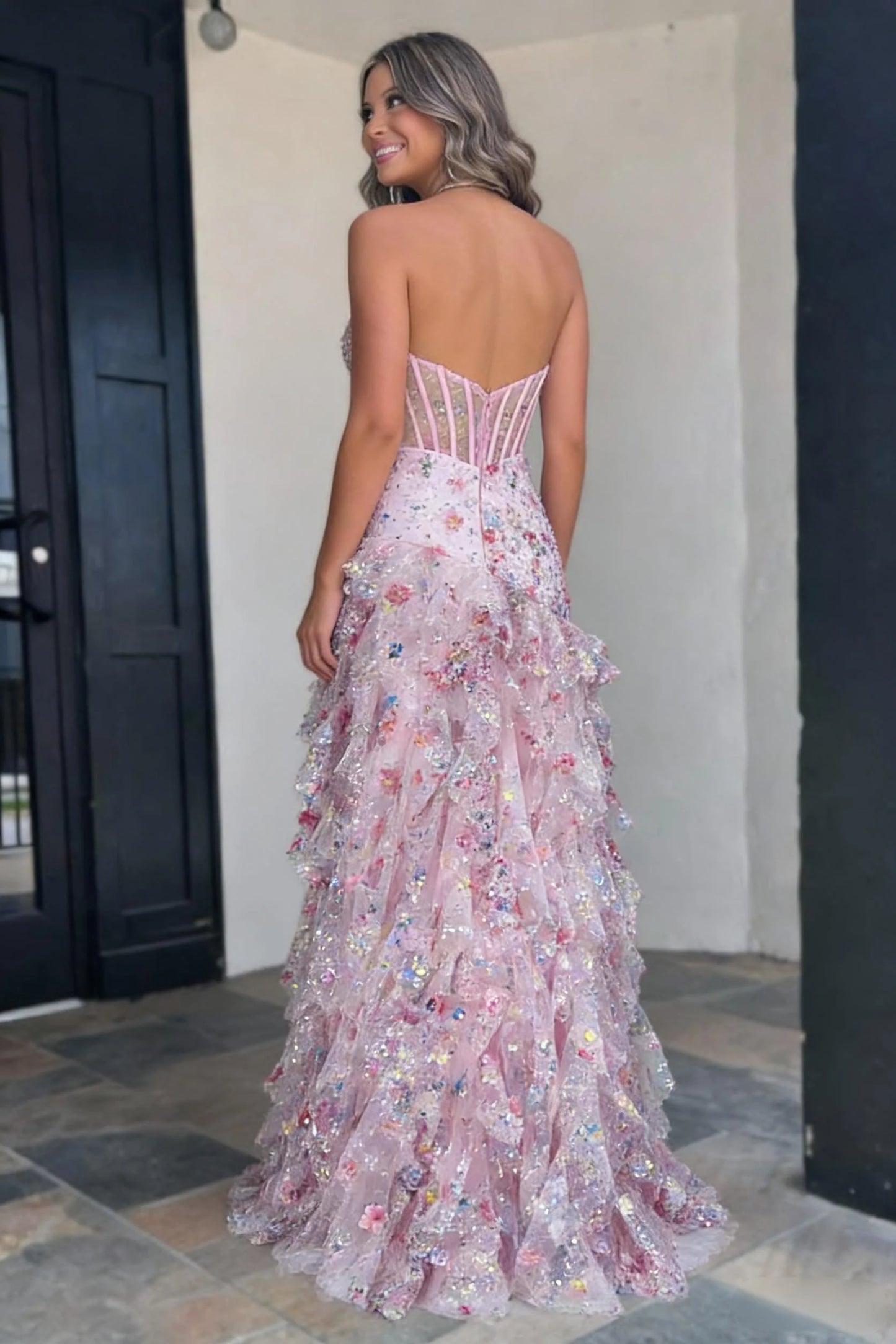 Blush Pink Floral Appliqué Halter Neck Ruffle Prom Gown With Corset Bodice AD396