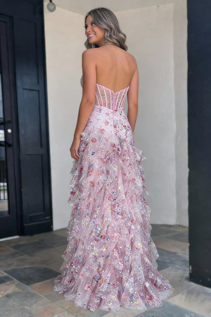 Blush Pink Floral Appliqué Halter Neck Ruffle Prom Gown With Corset Bodice AD396