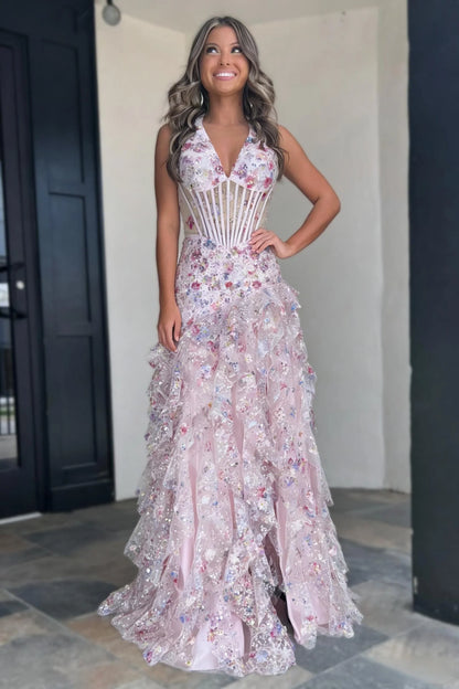 Blush Pink Floral Appliqué Halter Neck Ruffle Prom Gown With Corset Bodice AD396