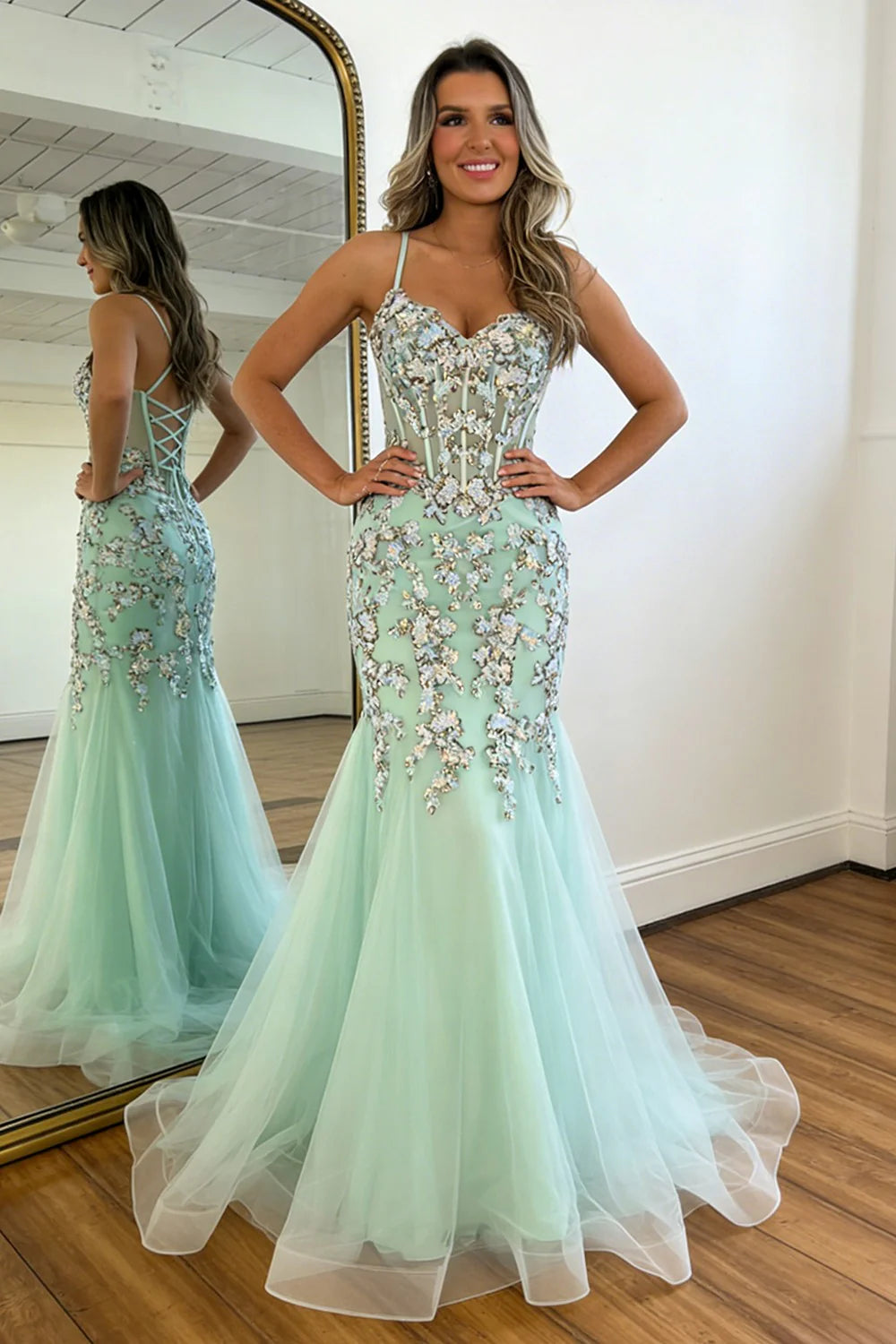Glitter Sequin Mint Green Spaghetti Straps Corset Prom Dress With Tulle Skirt AD398