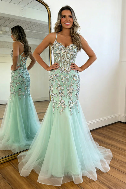 Glitter Sequin Mint Green Spaghetti Straps Corset Prom Dress With Tulle Skirt AD398