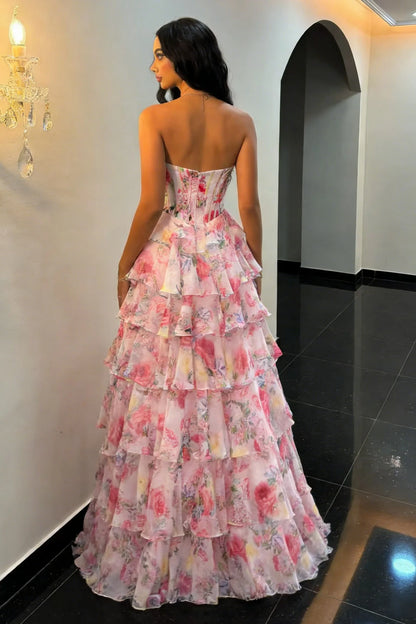 Fairytale Pink Floral Strapless Prom Dress With Corset Bodice And Ruffle Skirt AD400