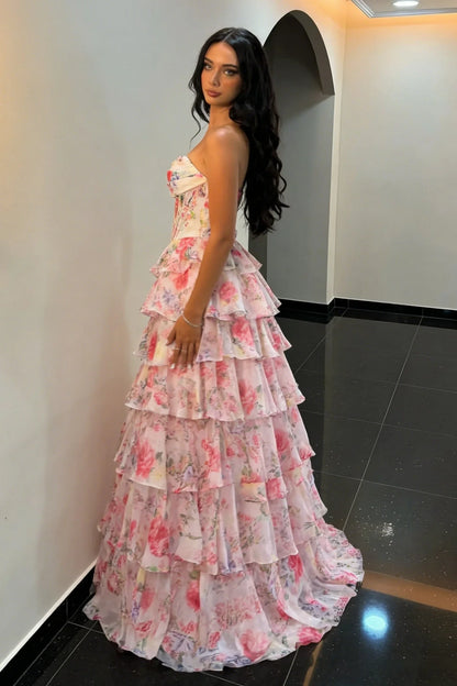 Fairytale Pink Floral Strapless Prom Dress With Corset Bodice And Ruffle Skirt AD400
