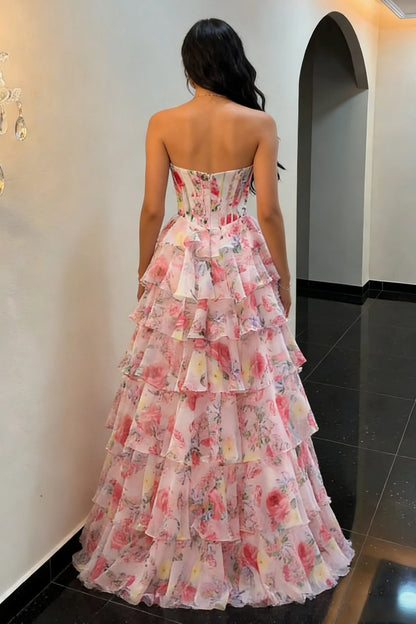 Fairytale Pink Floral Strapless Prom Dress With Corset Bodice And Ruffle Skirt AD400