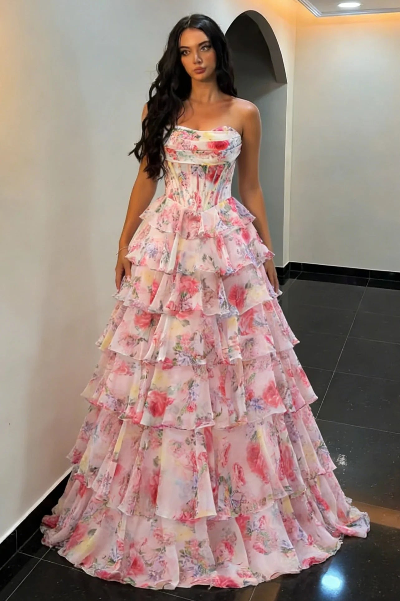 Fairytale Pink Floral Strapless Prom Dress With Corset Bodice And Ruffle Skirt AD400