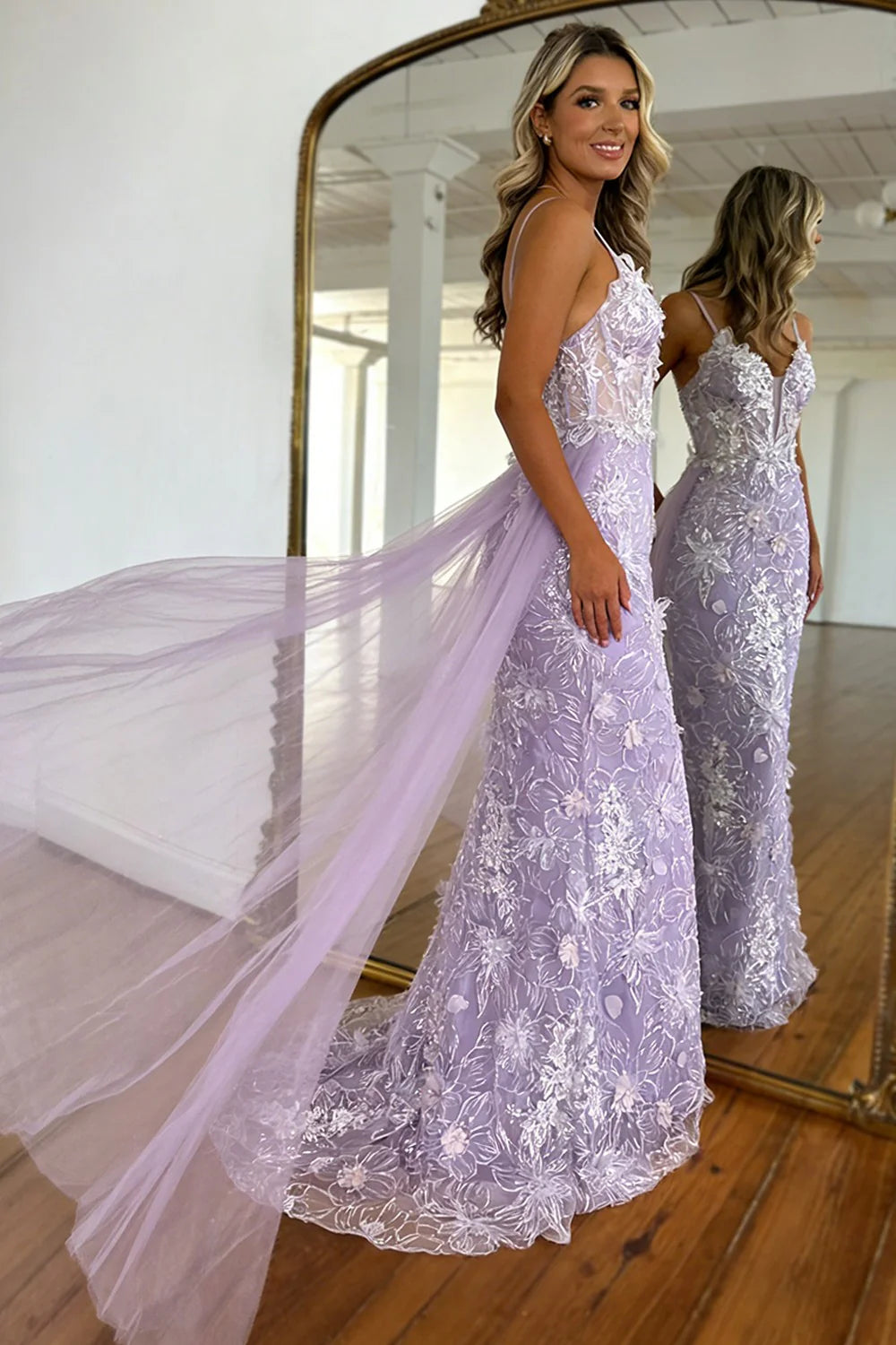 Lavender Floral Embroidered Mermaid Prom Dress With Sheer Bodice & Train AD401