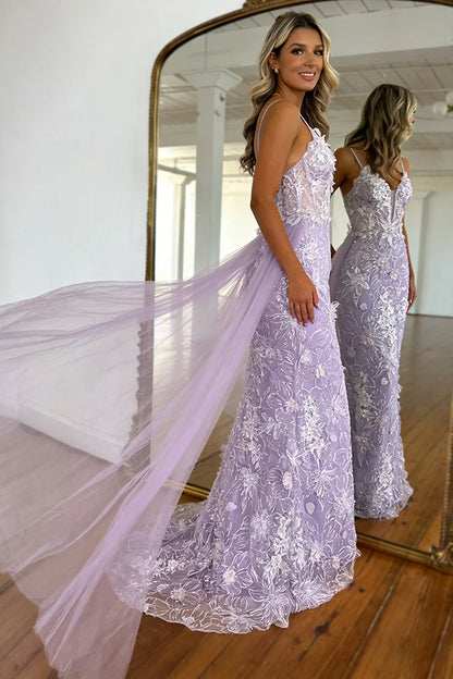 Lavender Floral Embroidered Mermaid Prom Dress With Sheer Bodice & Train AD401